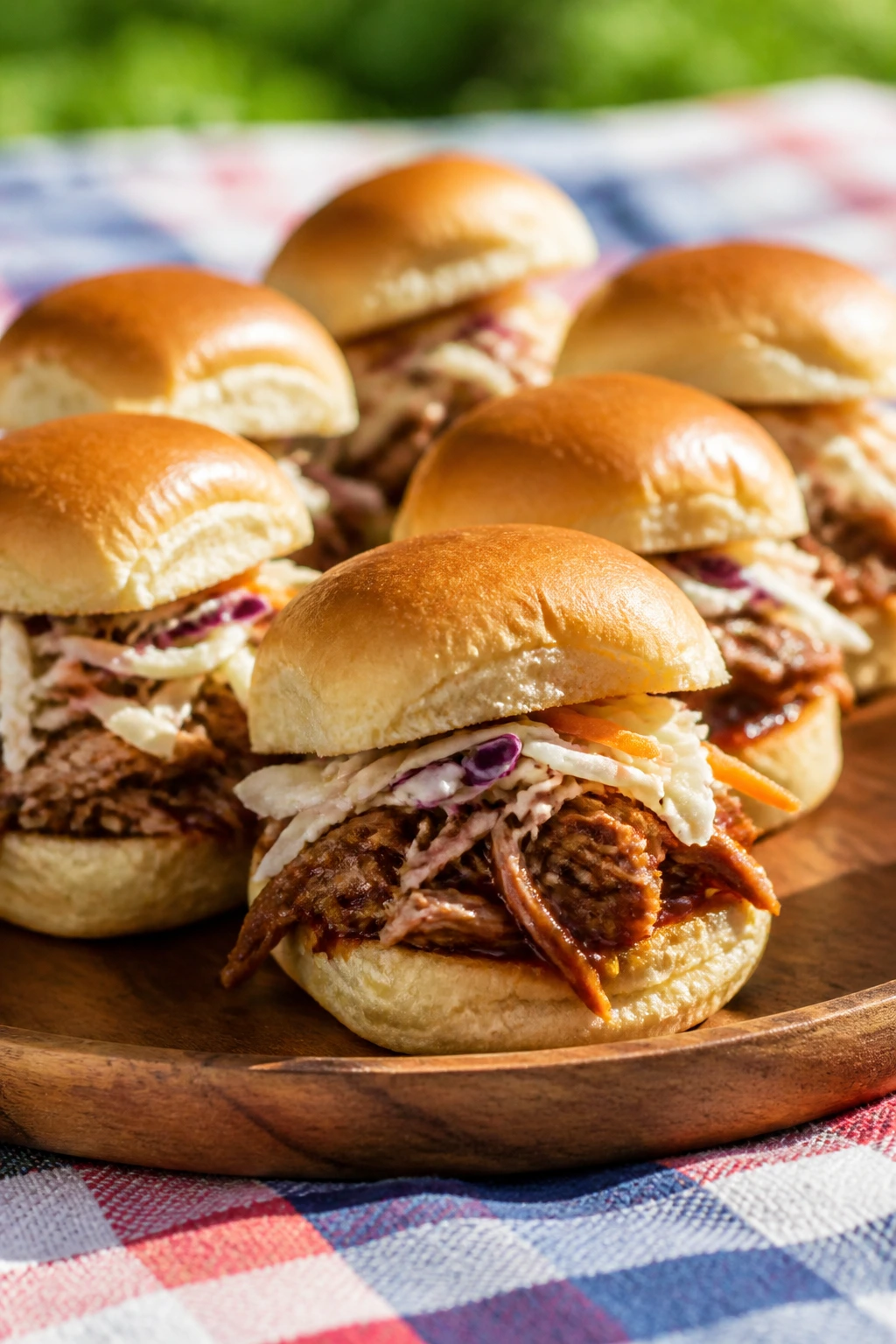 Close-up of pulled pork sliders with crunchy slaw on a picnic platter.
