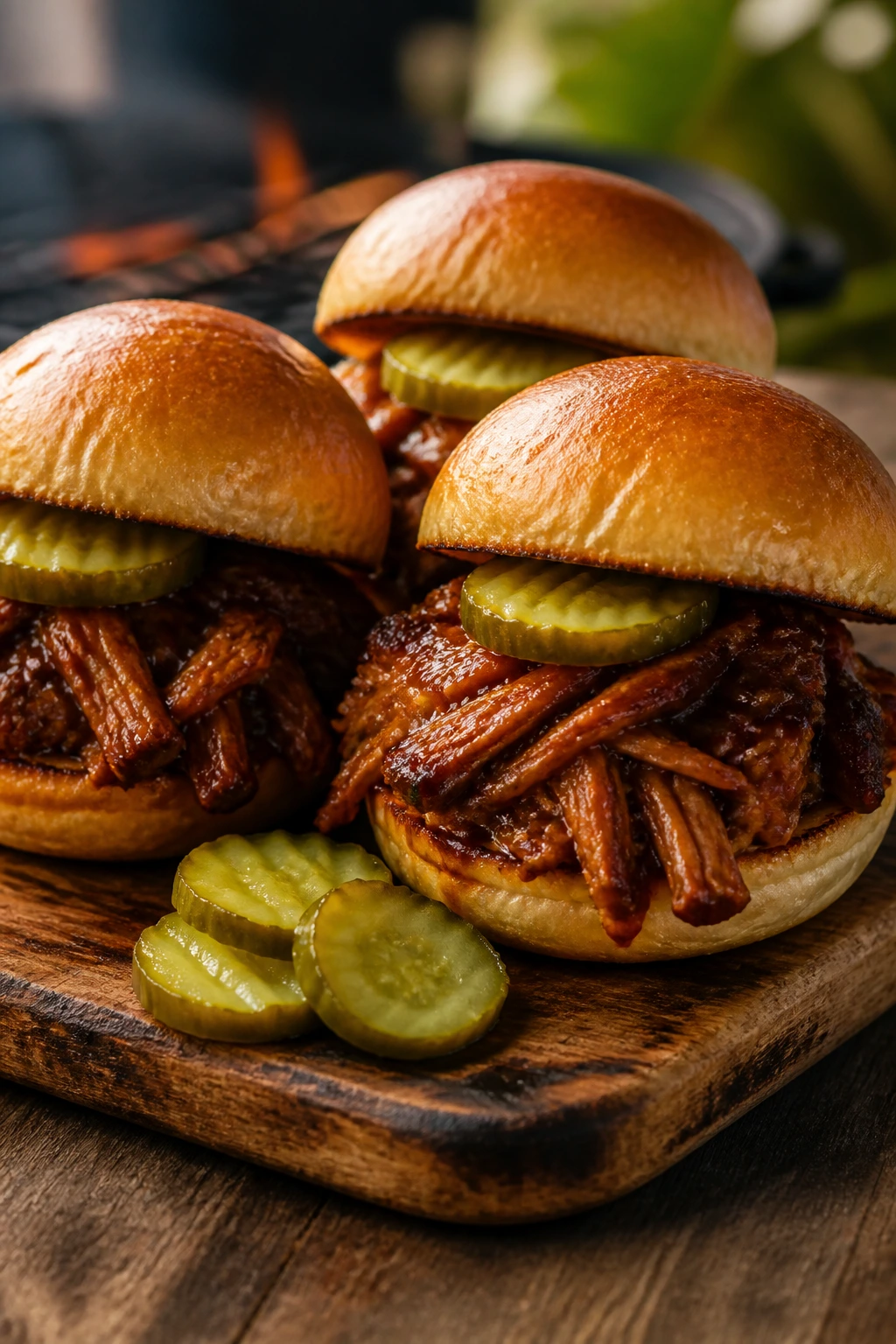 Pulled pork slider close-up with brown sugar glaze on toasted buns