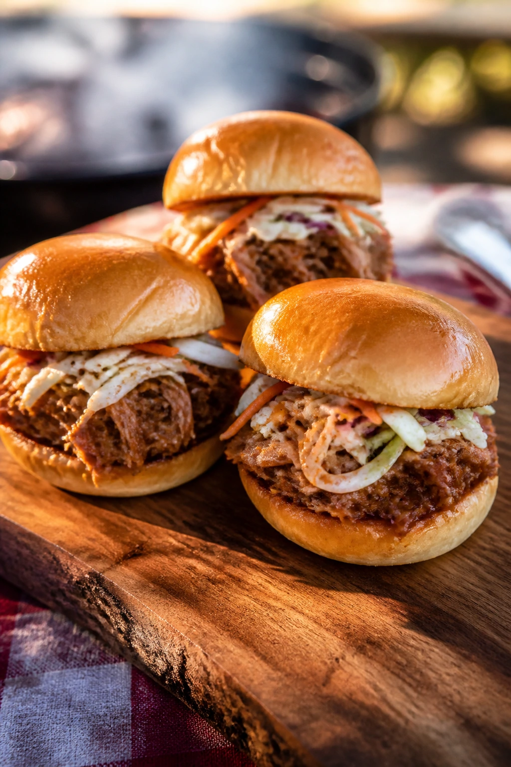 Close-up of pulled pork sliders with vinegar slaw on wooden board outdoors