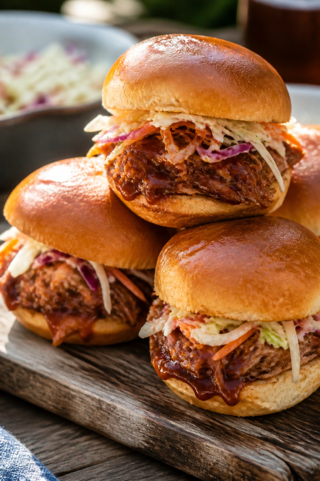 Close-up of Pulled Pork Sliders with Vinegar Slaw on toasted brioche buns