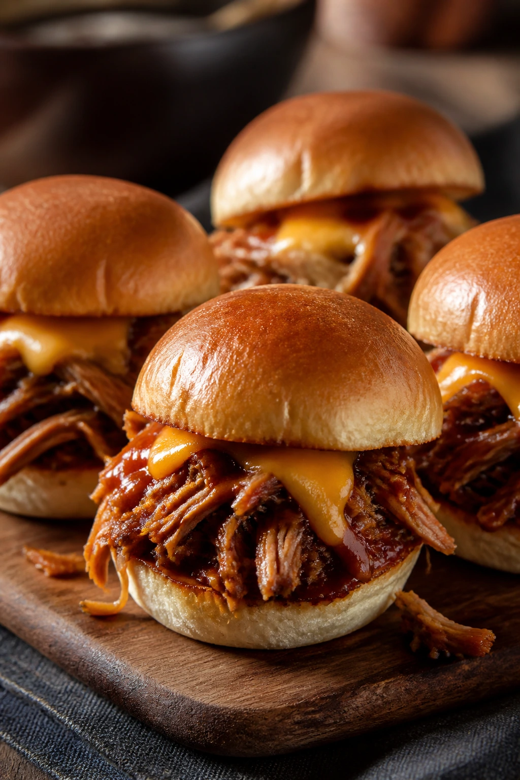 Close-up of pulled pork sliders on a wooden board