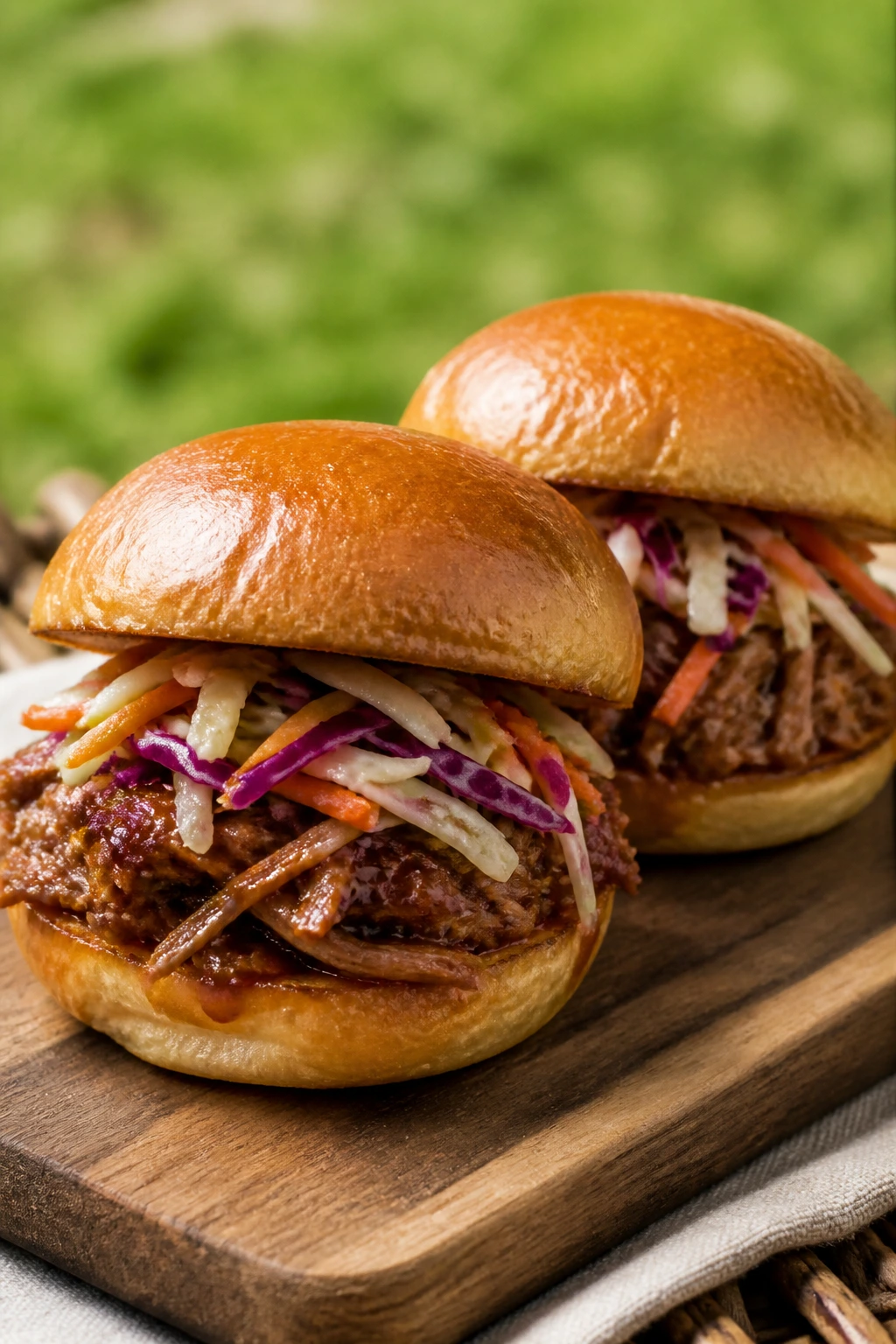 Close-up of pulled pork sliders with slaw on a picnic board outdoors