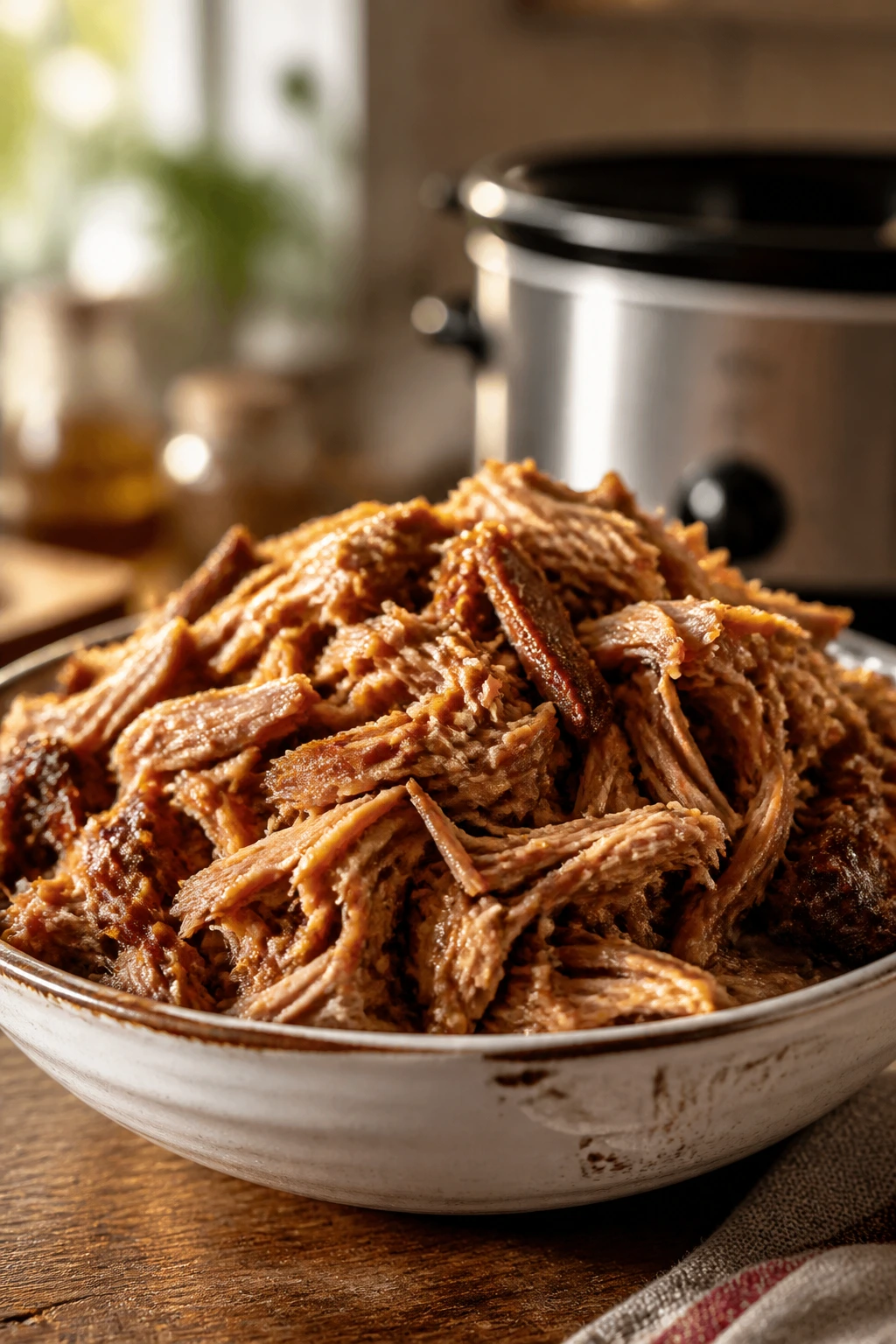Close-up of glossy pulled pork in a rustic bowl with warm kitchen background