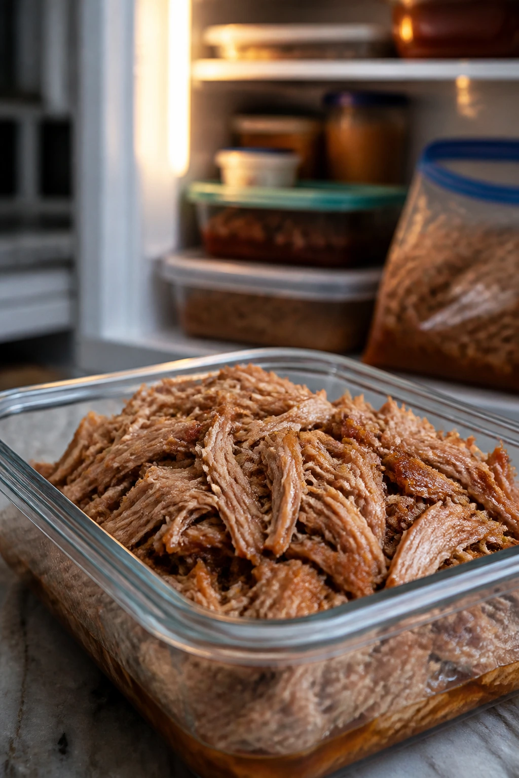 Glass container holding pulled pork with juices ready for storage or reheating