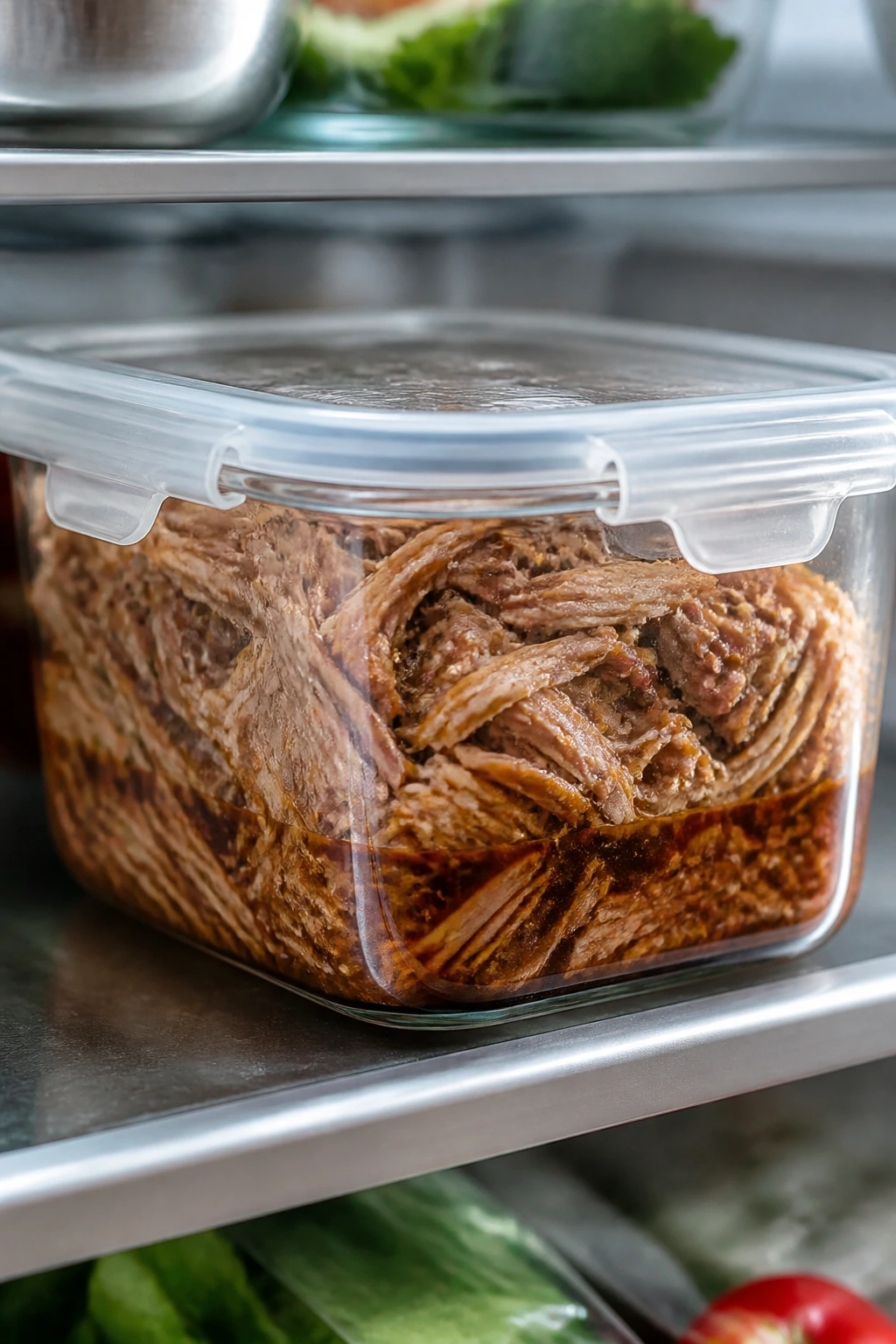 A container of pulled pork stored in the fridge with braising liquid.