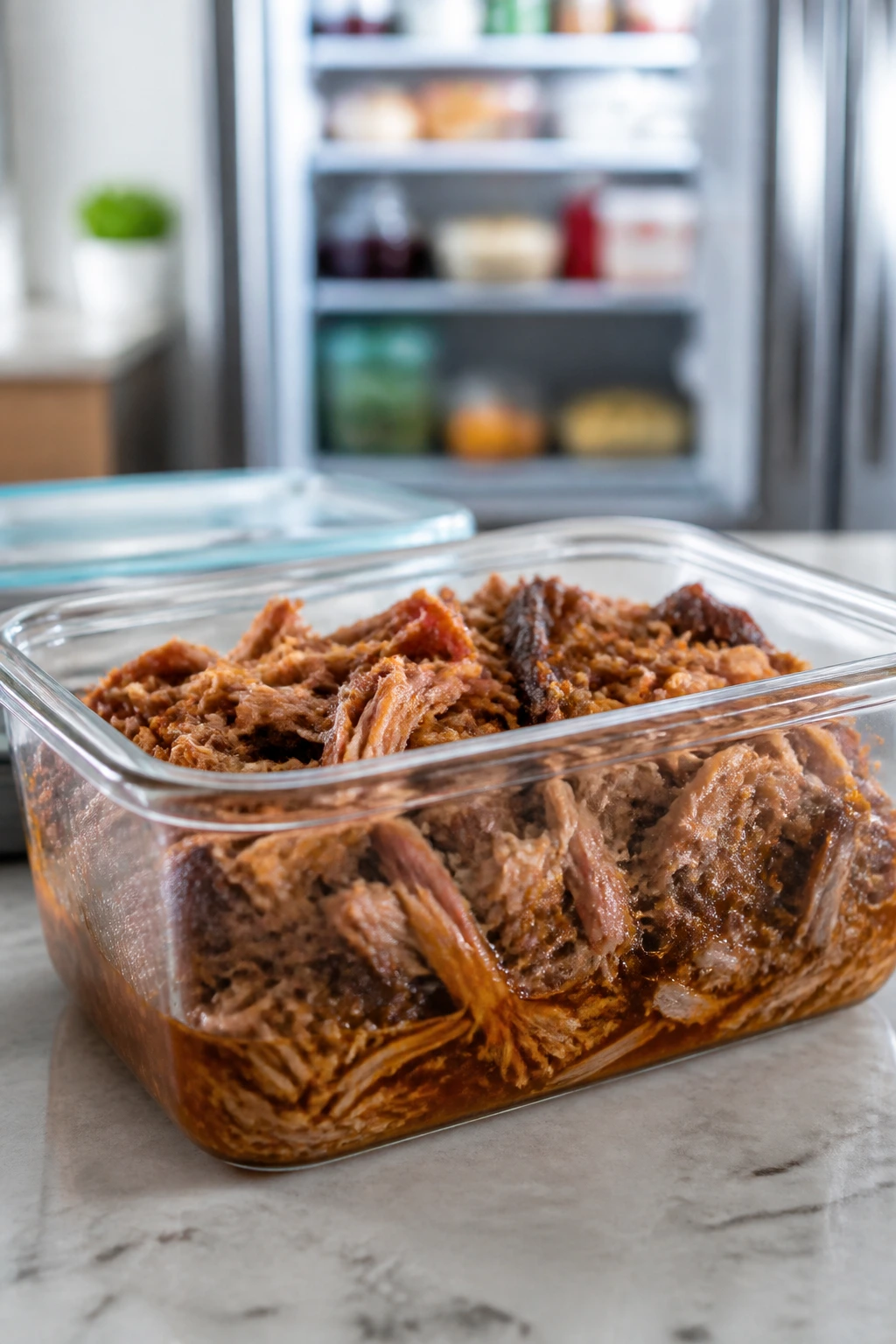 Airtight container of pulled pork for storage and reheating