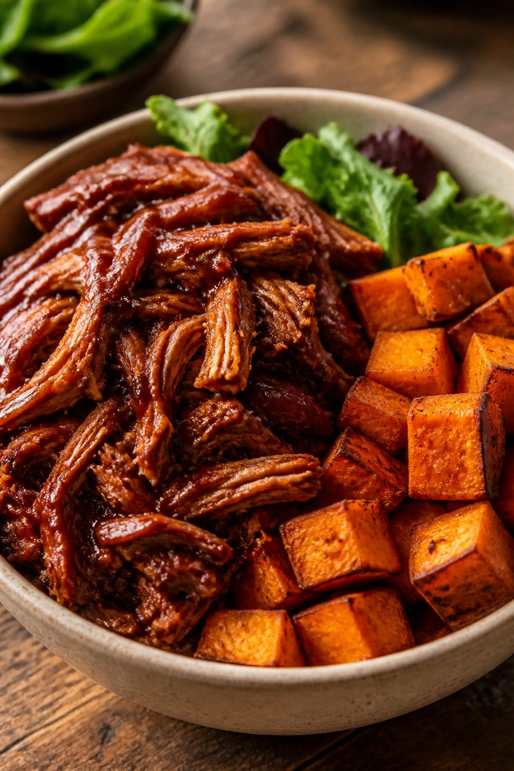 Close-up of pulled pork sweet potato bowl