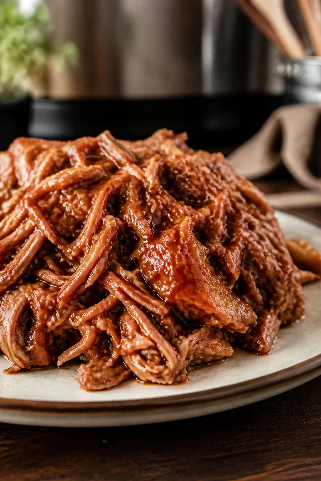 Shredded pulled pork with vinegar barbecue sauce on a plate