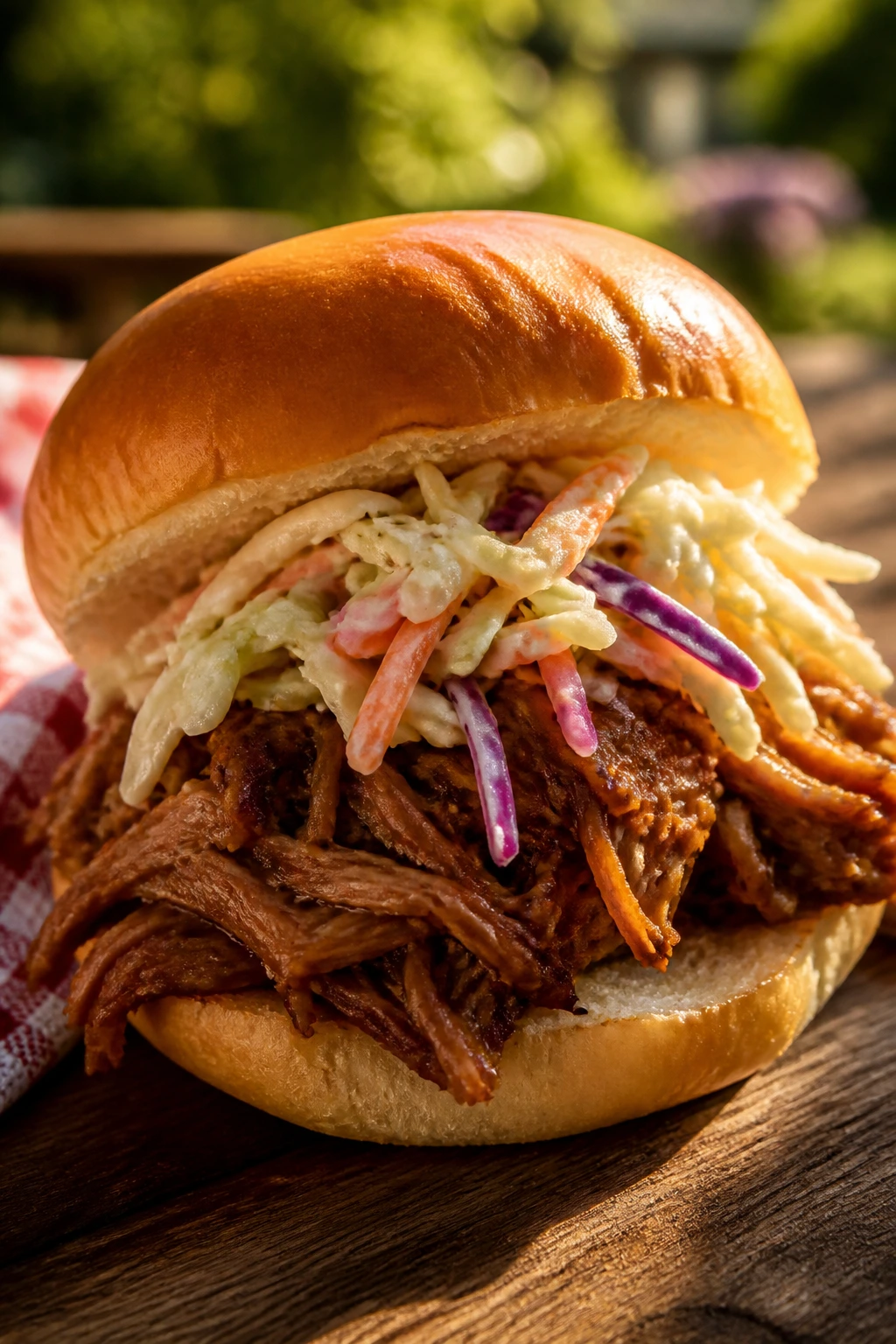 Close-up of pulled pork sandwich with vinegar slaw outdoors