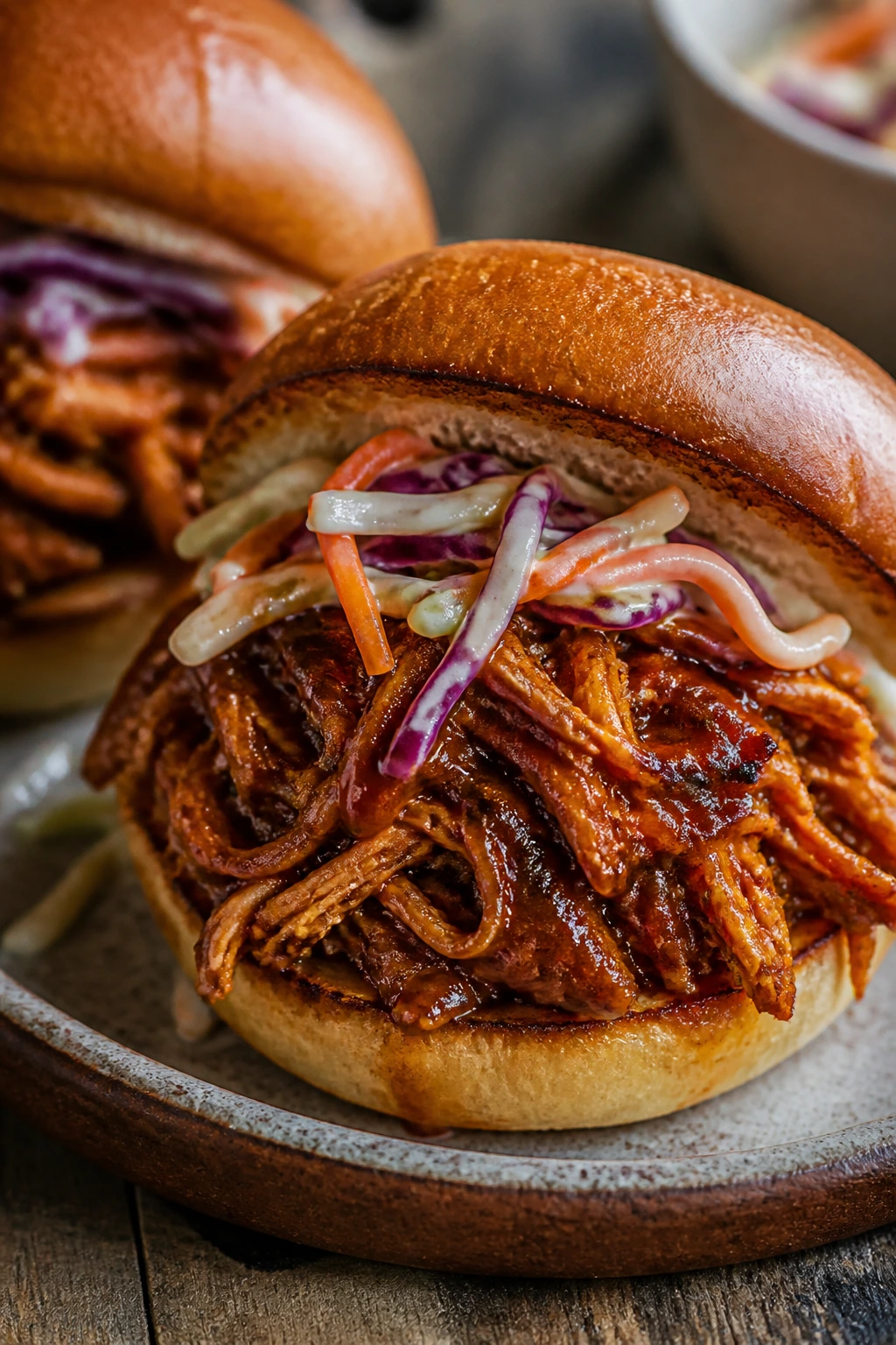 Pulled sweet potato sandwich close-up