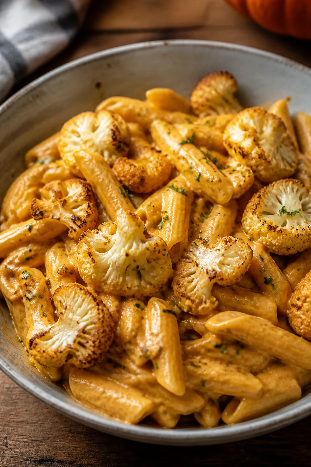 Creamy pumpkin Alfredo pasta with roasted cauliflower florets