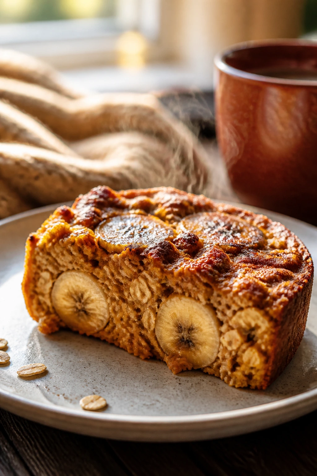 Wedge of pumpkin banana baked oatmeal on a plate with steam in a cozy kitchen