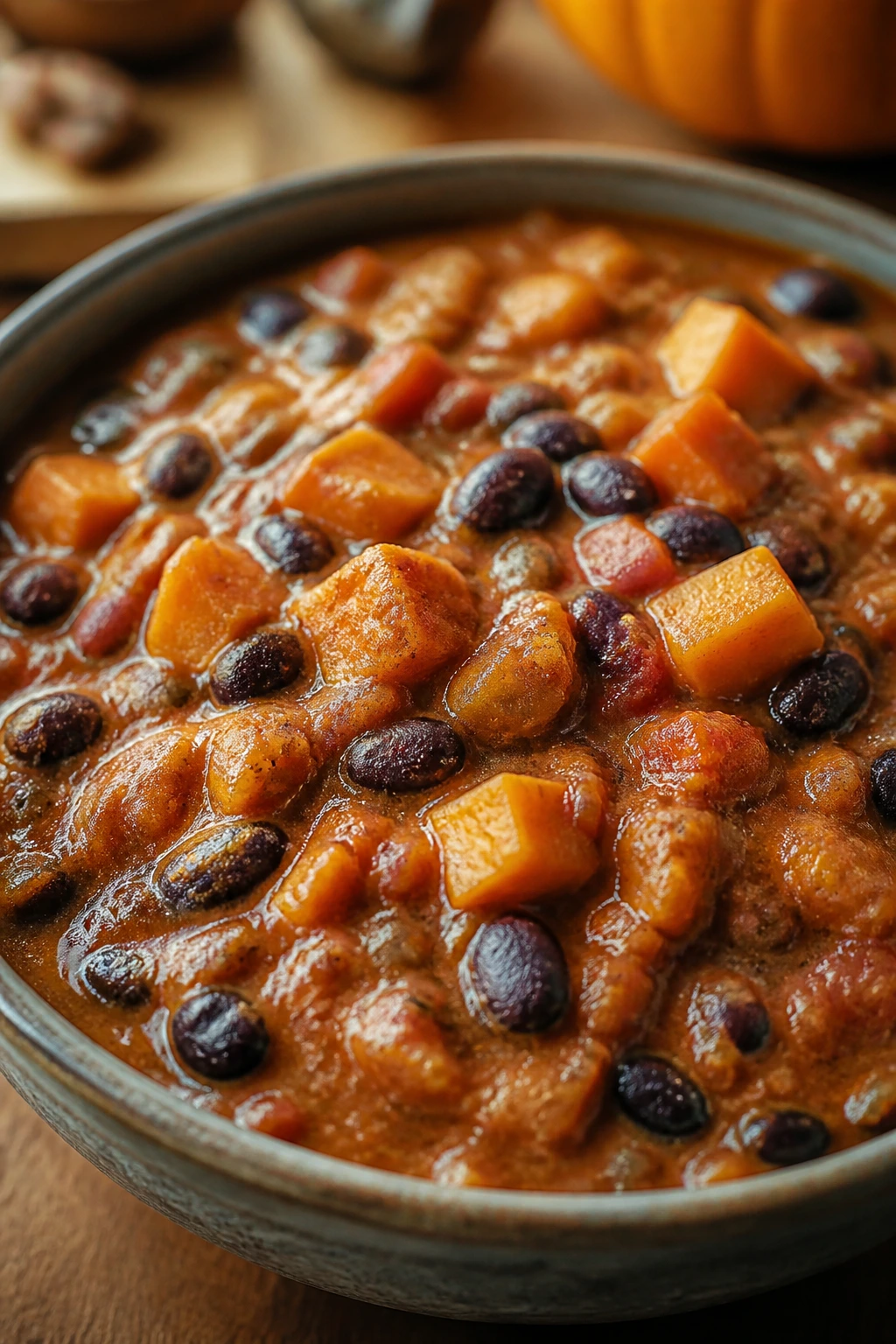 Pumpkin Black Bean Chili in a bowl on a wooden table