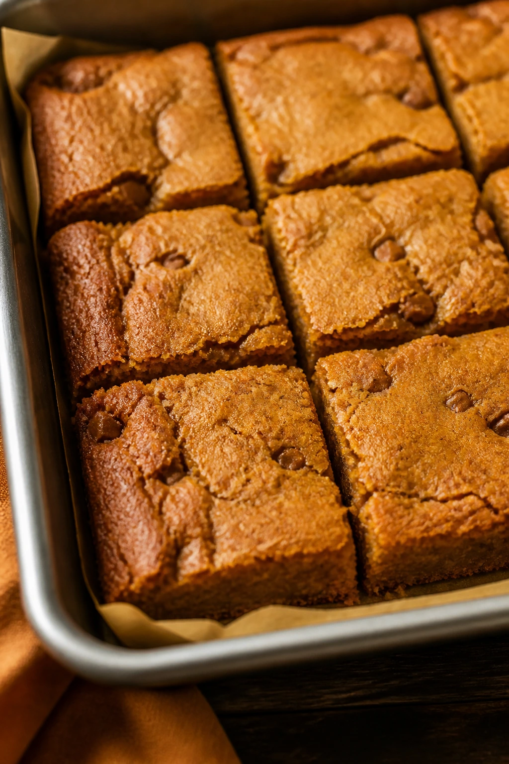 Close-up of pumpkin blondies with browned butter edges