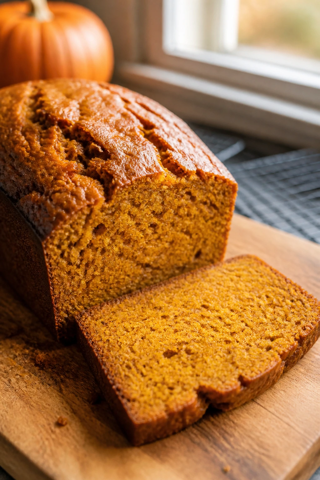Loaf of pumpkin bread on a wooden board with a slice showing moist crumb