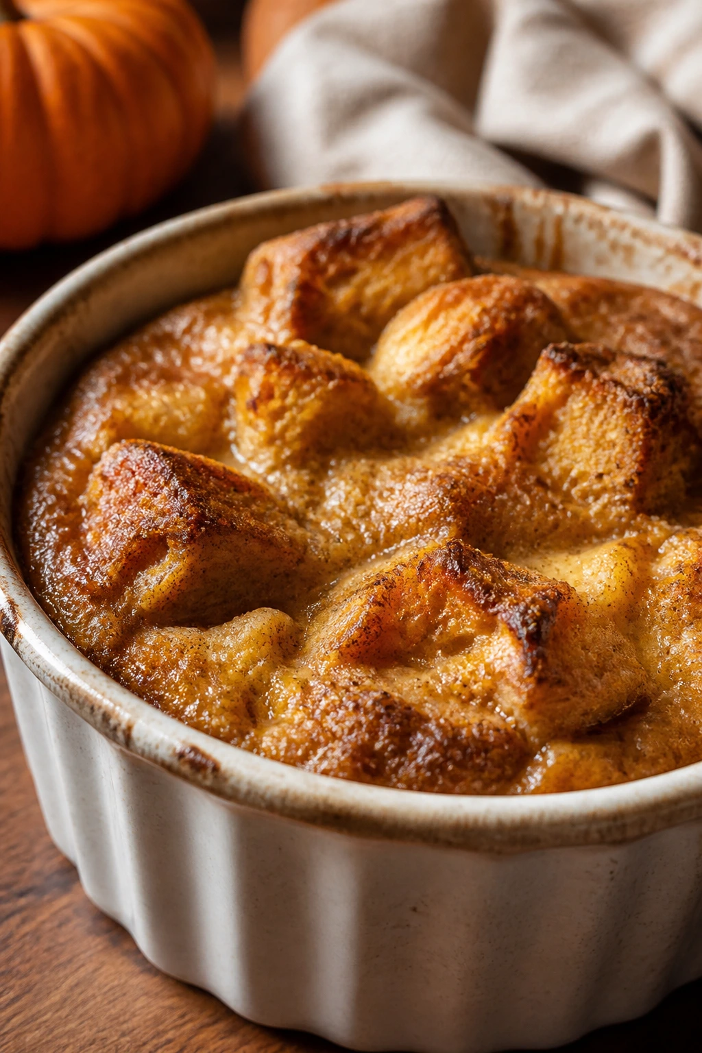 Creamy pumpkin bread pudding in a ramekin on a wooden table in a cozy kitchen