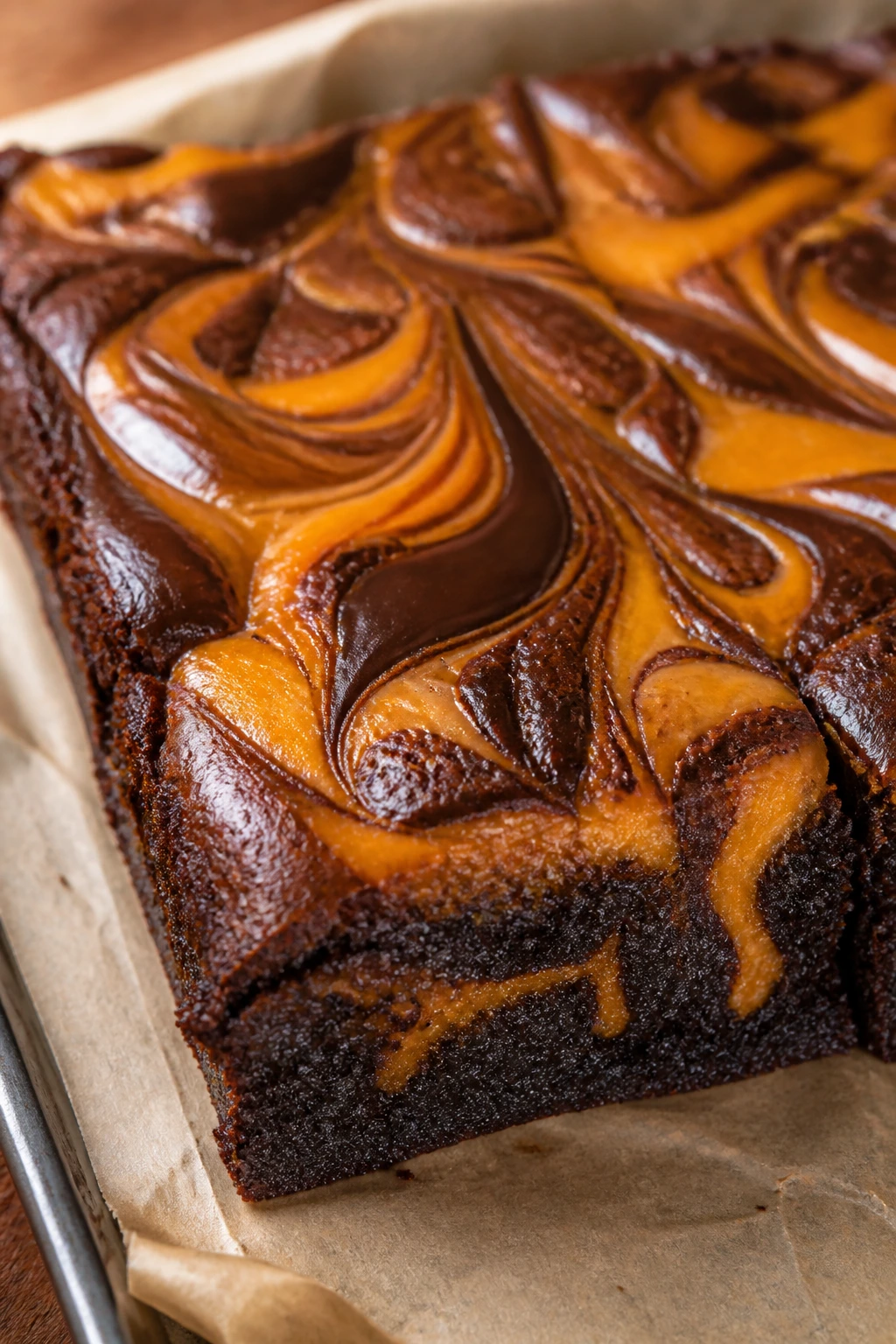 Close-up of ultra-fudgy pumpkin swirl brownie with dark chocolate and glossy top