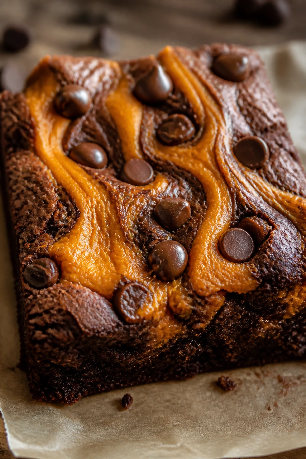 Close-up of Chocolate Chip Pumpkin Swirl Brownies with chips and pumpkin swirl on wooden surface