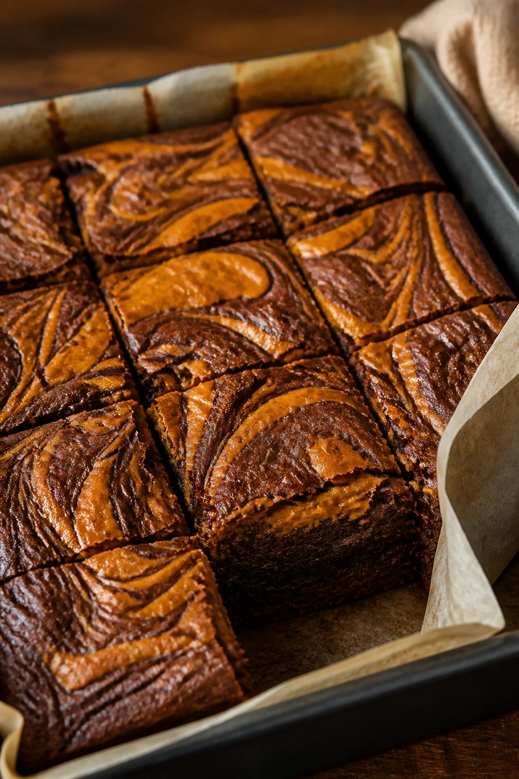 Close-up of classic cocoa pumpkin swirl brownie with dark chocolate base and orange pumpkin swirl