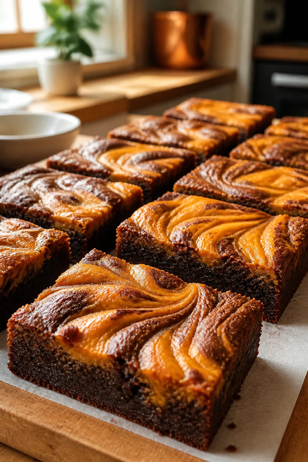 Close-up of pumpkin swirl brownies in a tray with dark chocolate base and orange ribbons