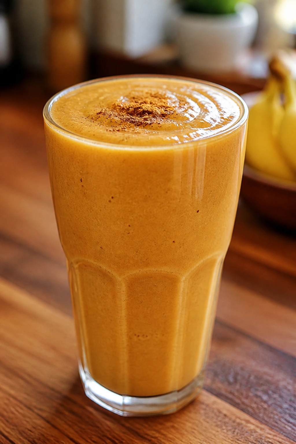 Close-up of an orange pumpkin chai banana smoothie in a glass on a wooden counter