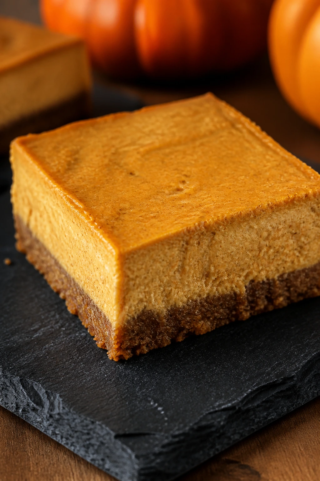 Pumpkin cheesecake bar close-up with crust