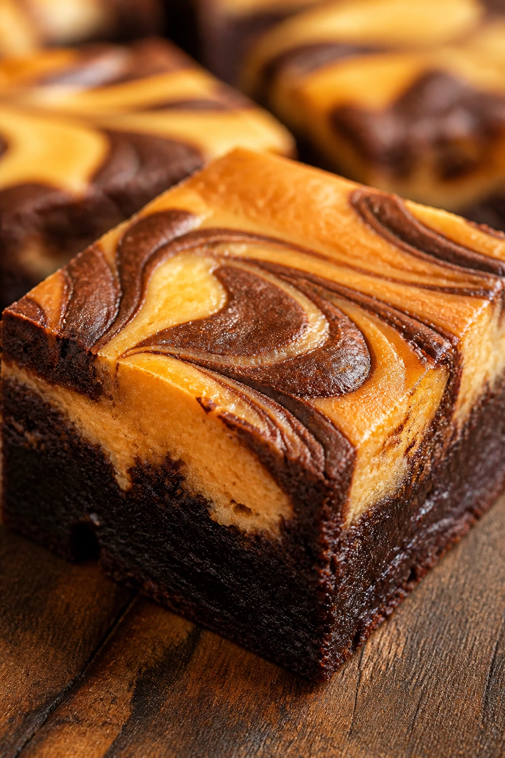 Close-up of pumpkin cheesecake swirl on a brownie on a wooden kitchen counter