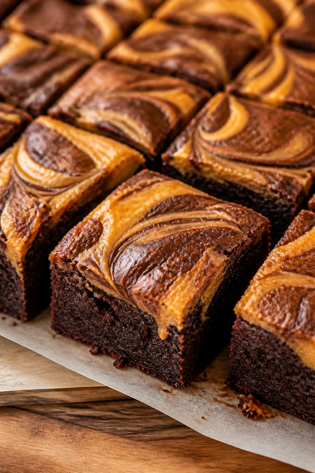 Close-up brownie square with pumpkin cheesecake swirl on a wooden counter