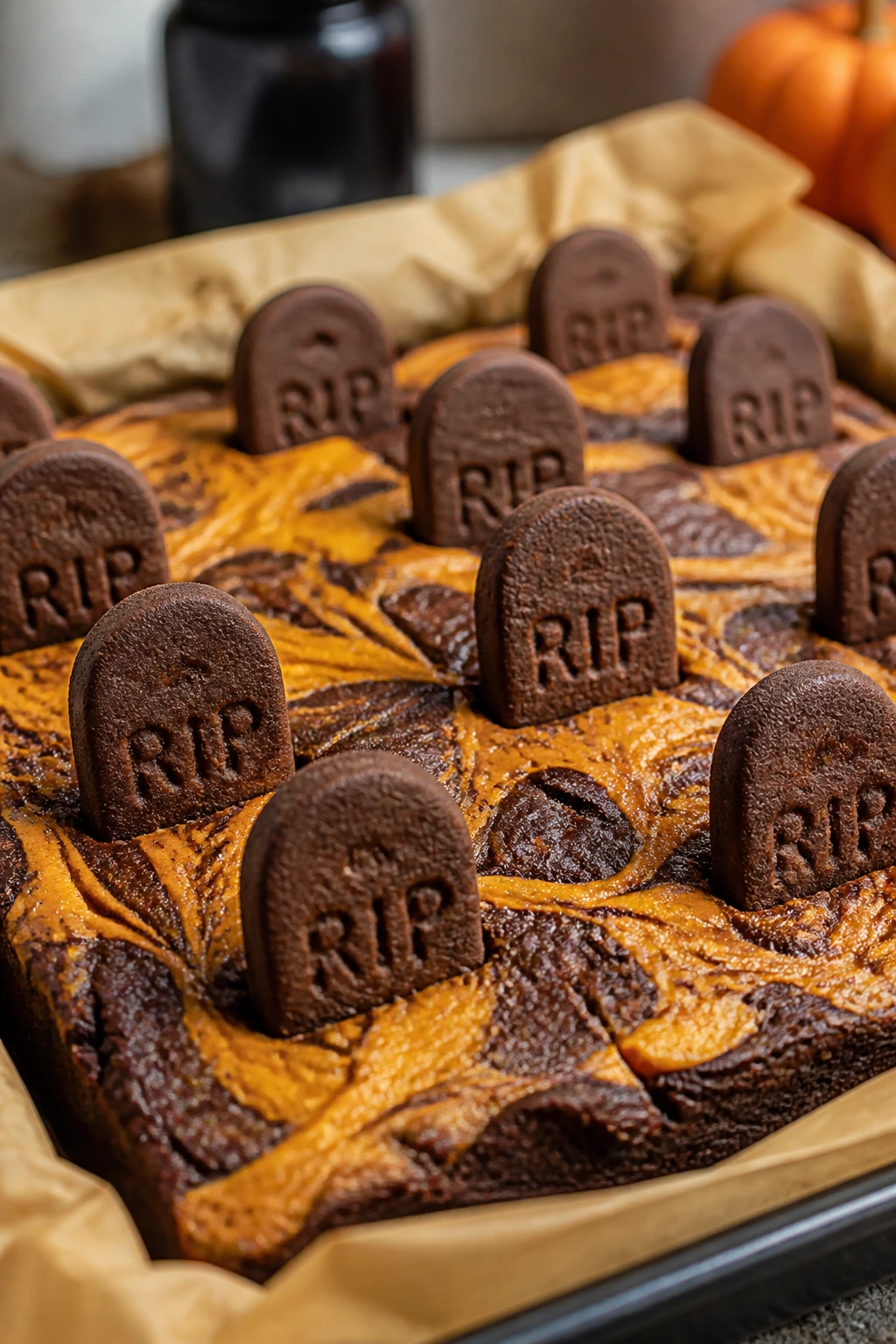 Brownies with pumpkin cheesecake swirl and tombstone decorations.