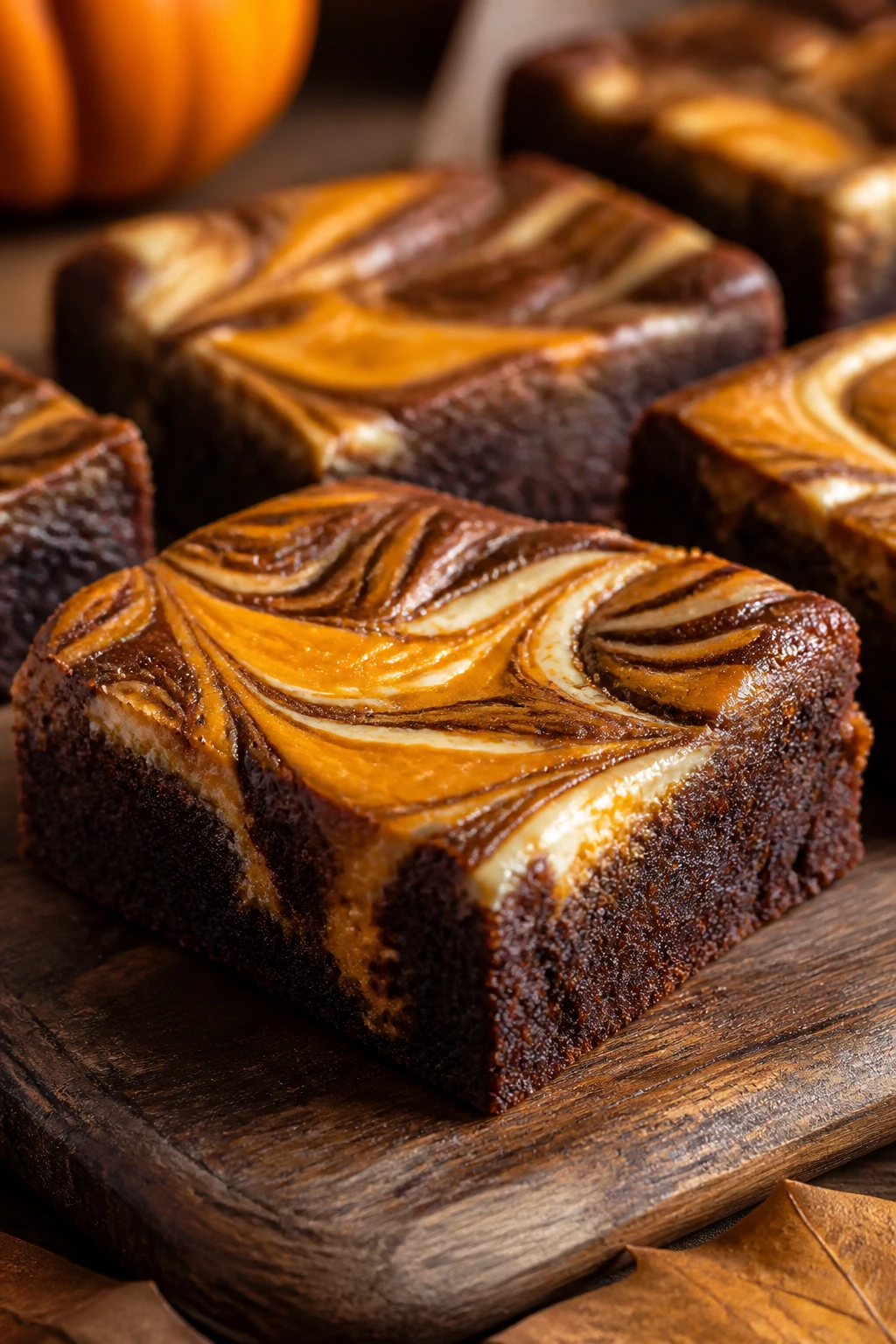 Close-up of pumpkin cheesecake swirl brownie on board