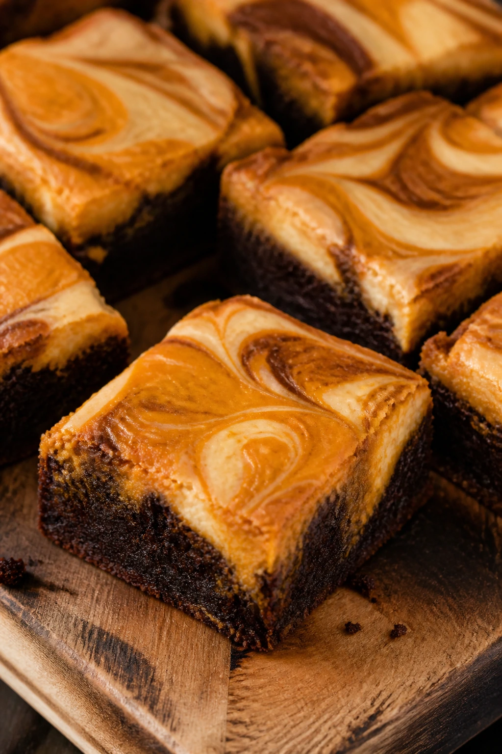 Close-up of pumpkin cheesecake brownies with pumpkin swirl on fudgy chocolate base
