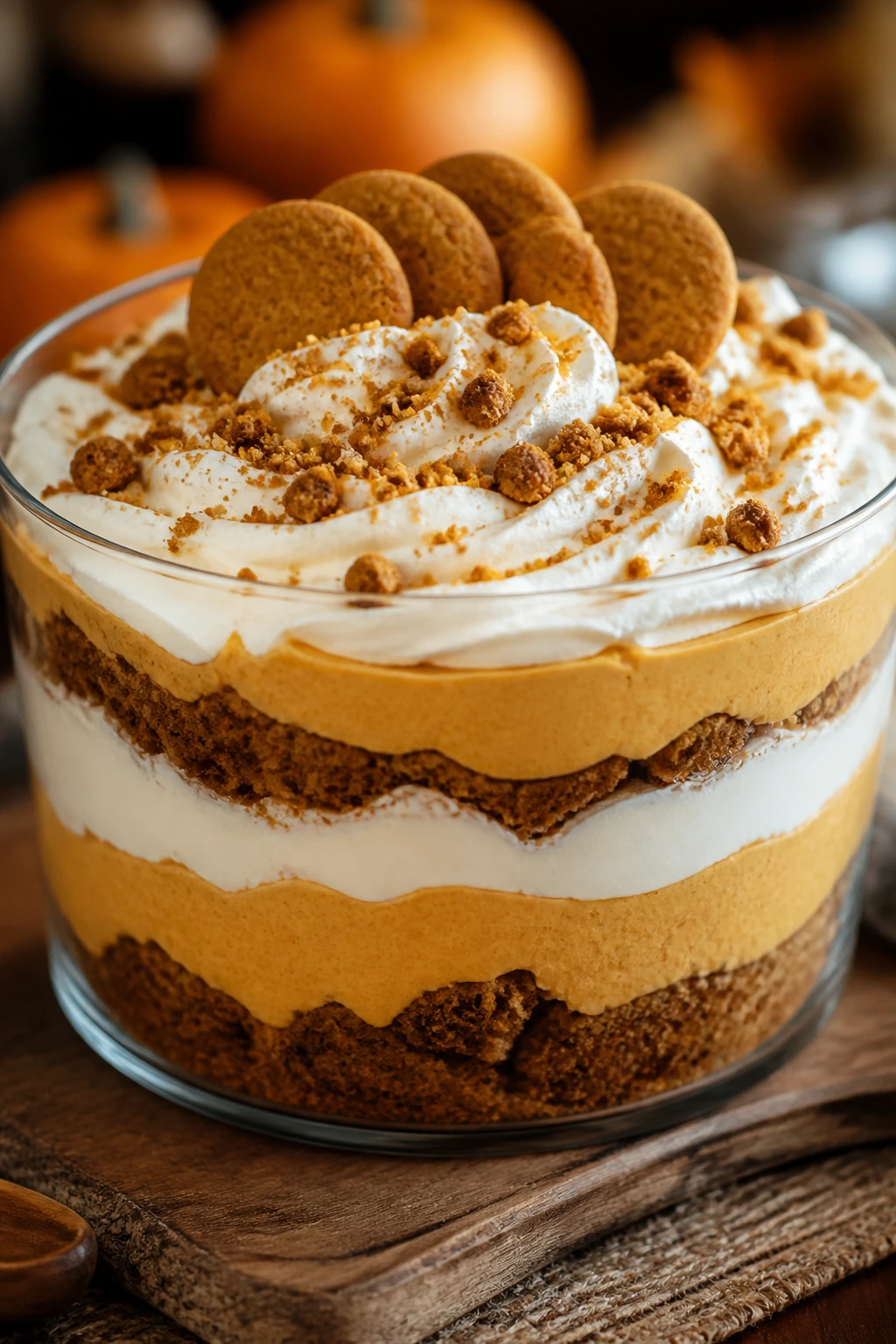 Medium-close pumpkin cheesecake trifle in glass bowl