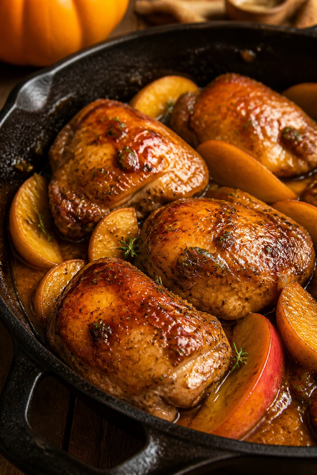 Close-up of browned chicken thighs with maple-pumpkin glaze in a skillet on a bright kitchen counter.