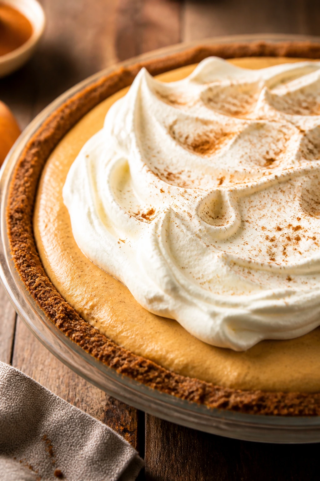 Close-up of pumpkin spice chiffon pie with whipped cream on a rustic wooden counter