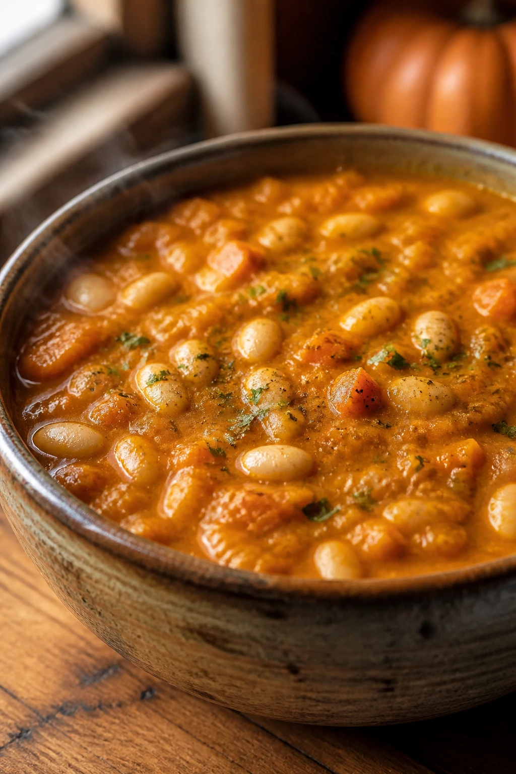 Thick pumpkin-white bean chili in a rustic bowl with beans and pumpkin purée.