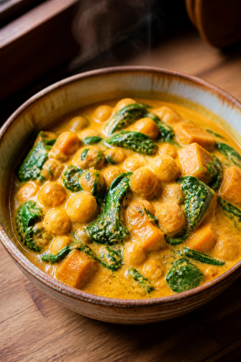 Close-up of pumpkin curry with chickpeas and spinach in a rustic bowl
