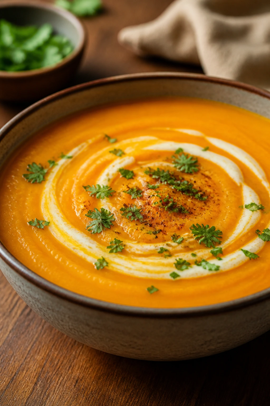 Close-up of pumpkin curry soup in a bowl with coconut milk swirl