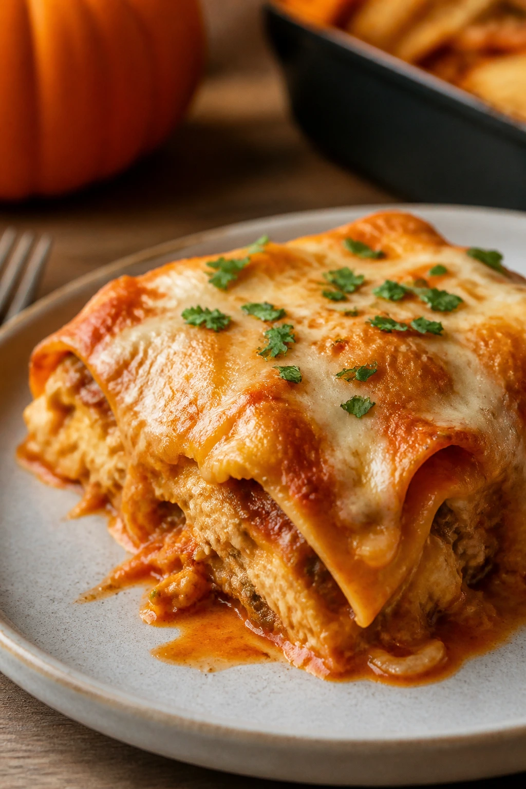 Close-up of pumpkin enchilada bake slice on a plate