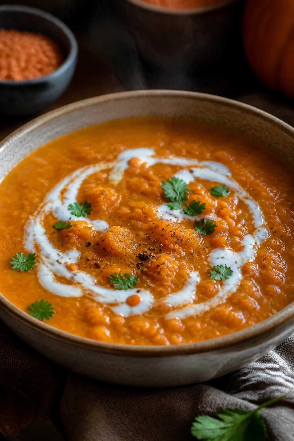 Close-up of pumpkin lentil soup with coconut milk swirl