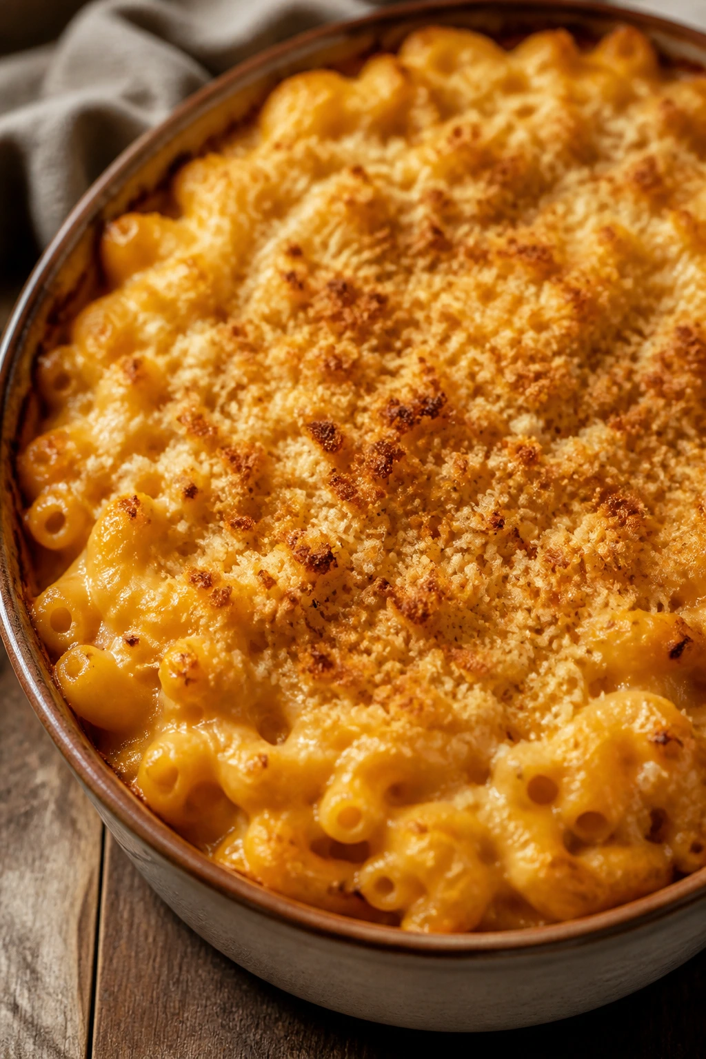 Close-up of pumpkin mac and cheese with crispy breadcrumb topping in a baking dish.