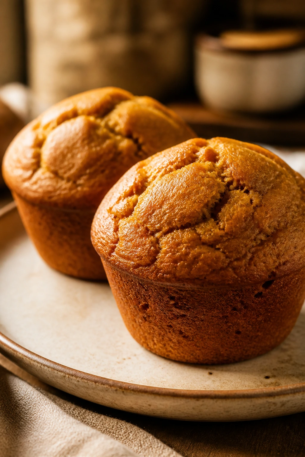Two brown butter pumpkin muffins on a plate in a cozy kitchen