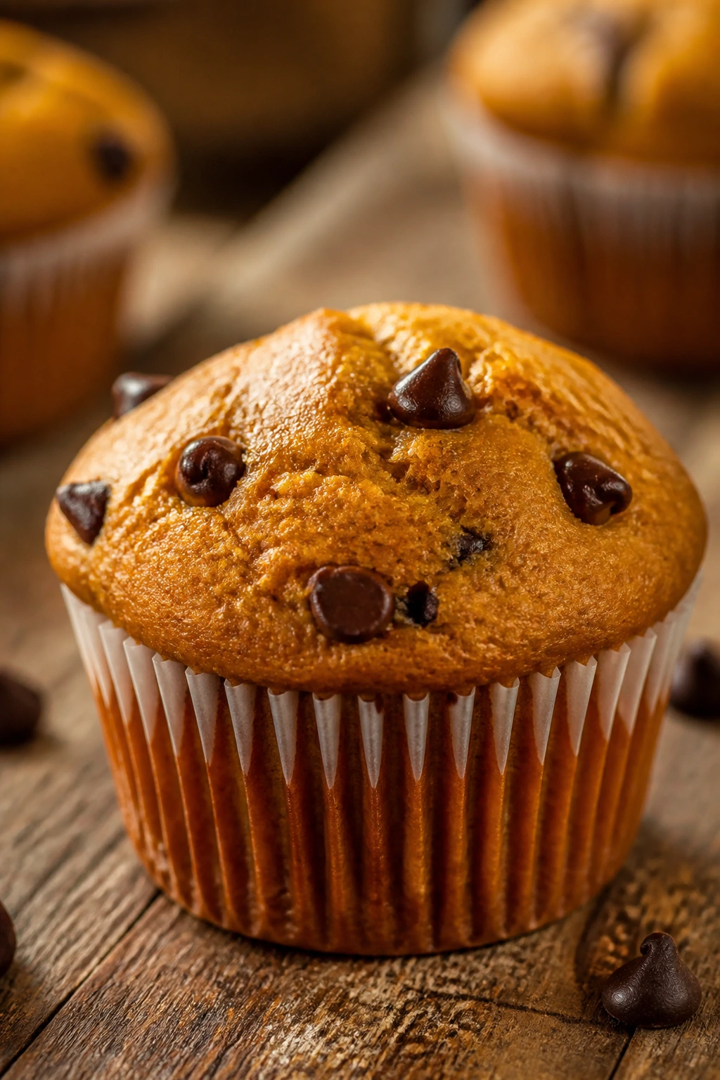 Tall pumpkin muffin with chocolate chips in liner on wooden surface