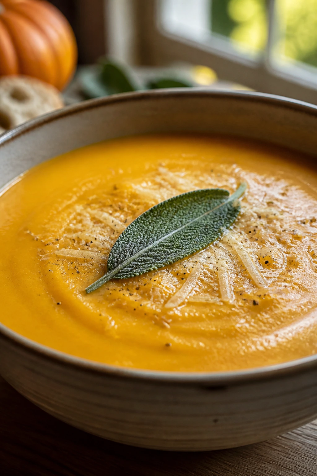 Bright orange Pumpkin Parmesan Soup in a bowl with parmesan and sage