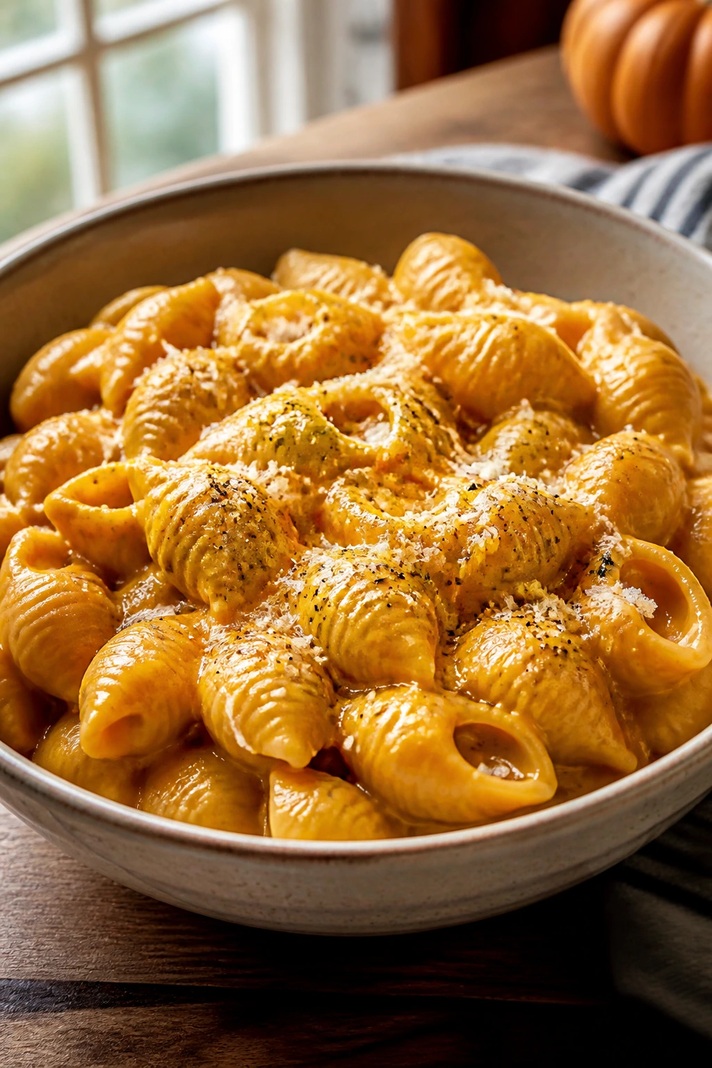 Close-up of creamy pumpkin pasta in an orange sauce