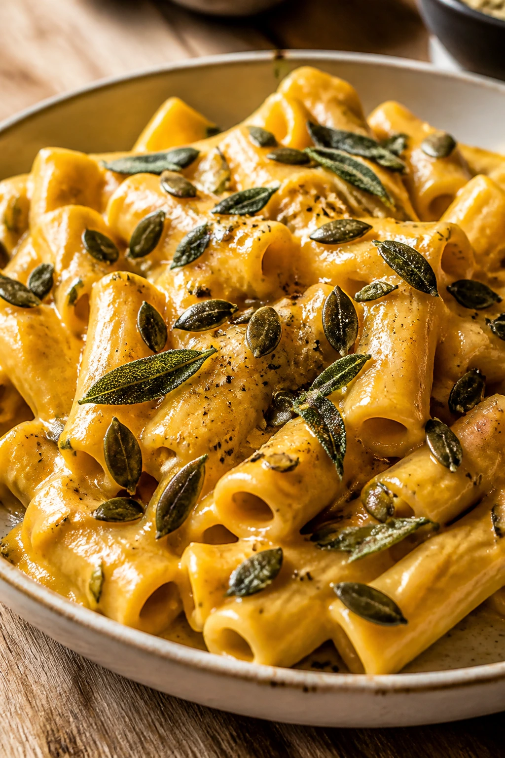 Close-up of pumpkin sage pasta with pepitas in a creamy sauce