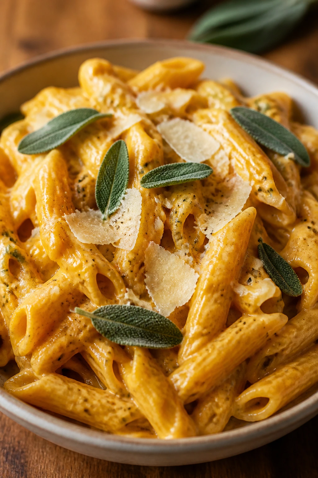 Creamy pumpkin sage pasta with sage on top in a bowl