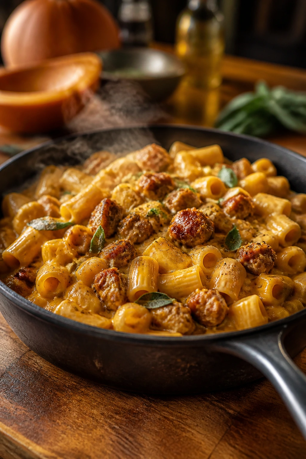 Close-up of creamy pumpkin pasta with sausage in a rustic skillet on a wooden counter, warm kitchen lighting.