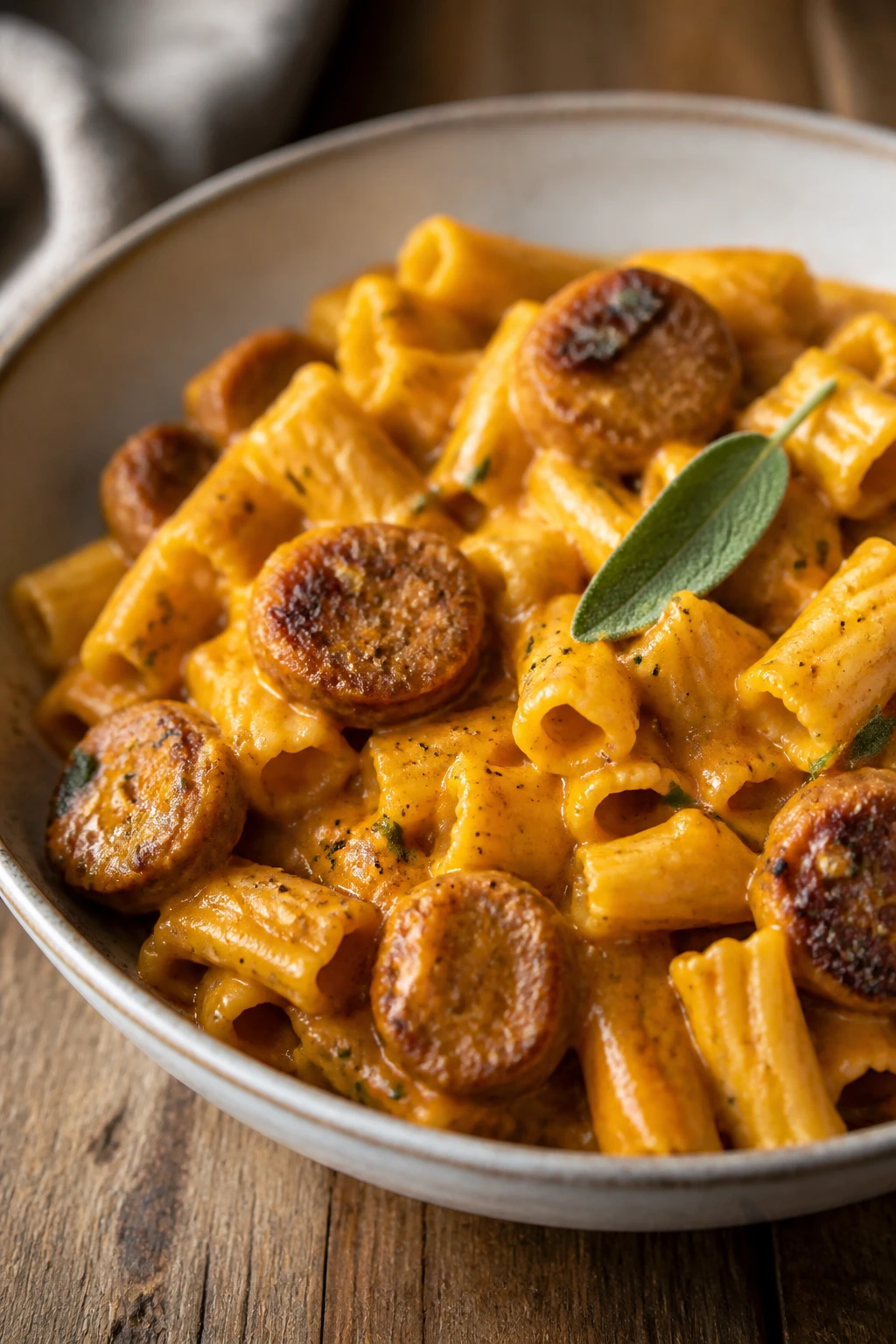 Pasta in pumpkin sauce with sausage and sage