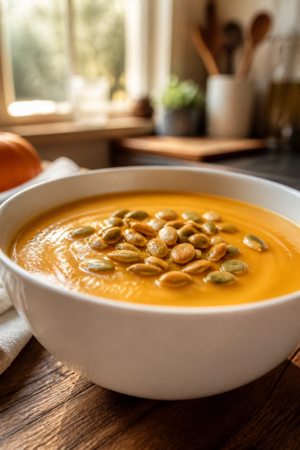 Creamy pumpkin soup topped with pepitas in a rustic bowl