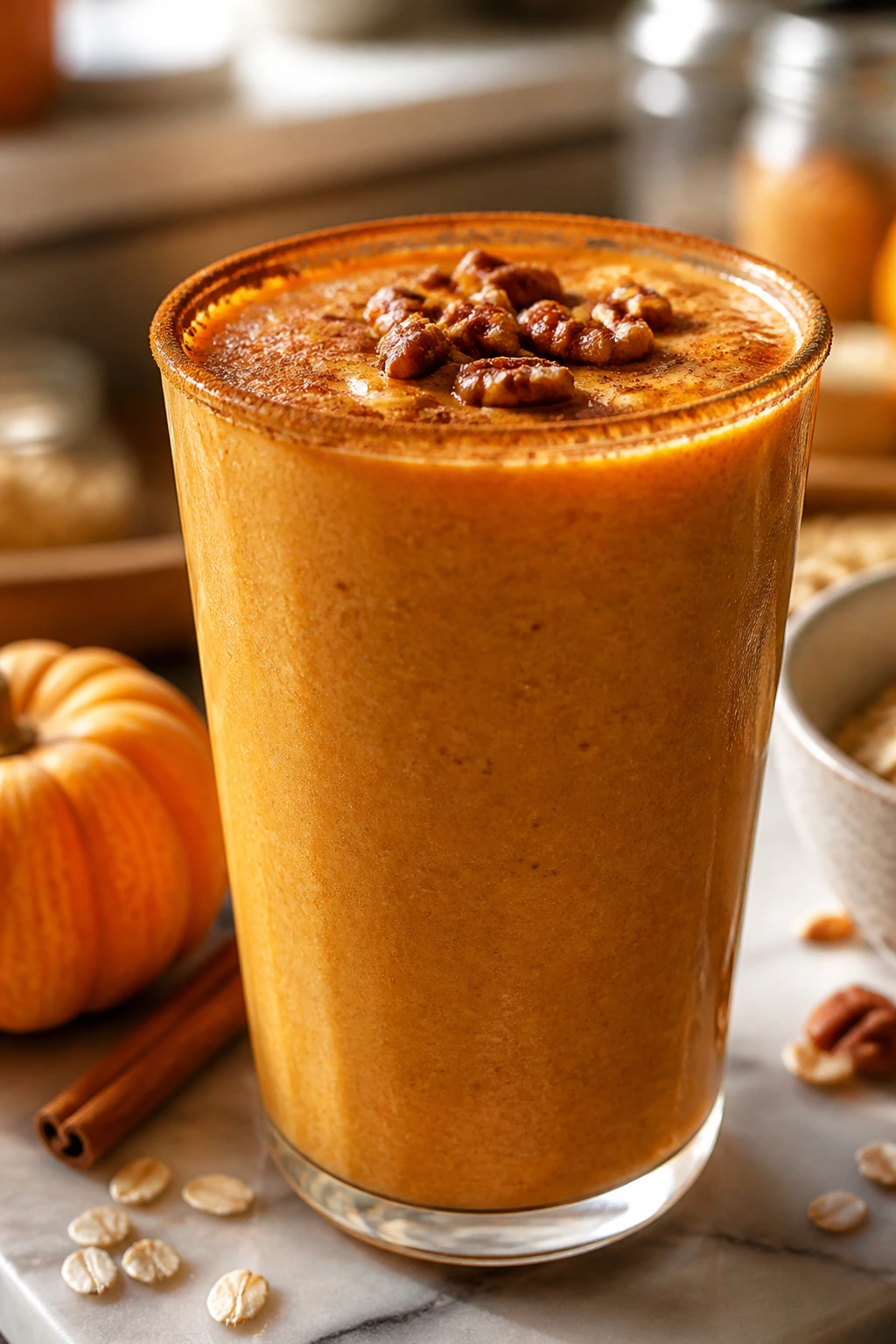 Creamy pumpkin-orange breakfast smoothie with cinnamon rim